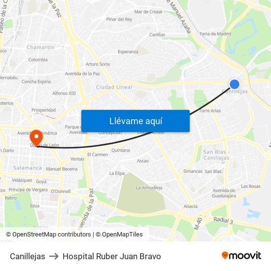 Canillejas to Hospital Ruber Juan Bravo map
