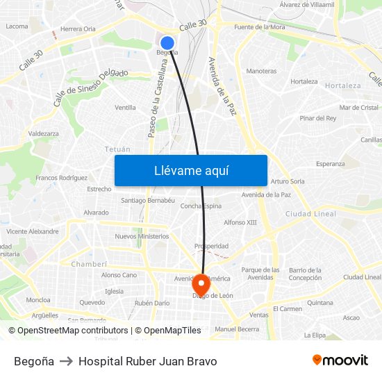 Begoña to Hospital Ruber Juan Bravo map