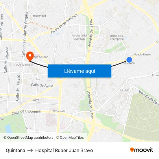 Quintana to Hospital Ruber Juan Bravo map