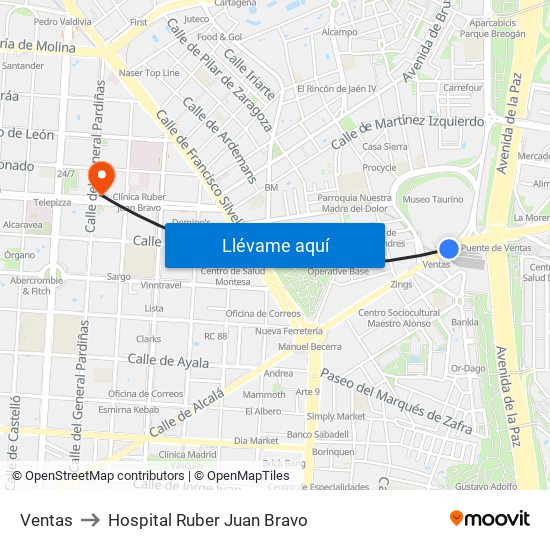 Ventas to Hospital Ruber Juan Bravo map