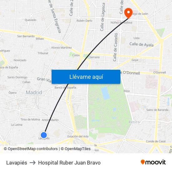 Lavapiés to Hospital Ruber Juan Bravo map