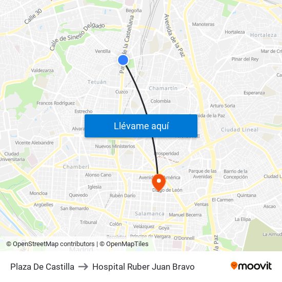 Plaza De Castilla to Hospital Ruber Juan Bravo map