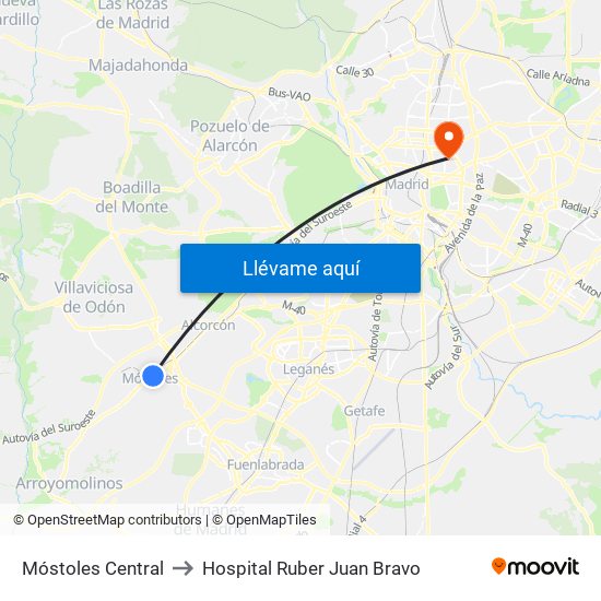 Móstoles Central to Hospital Ruber Juan Bravo map