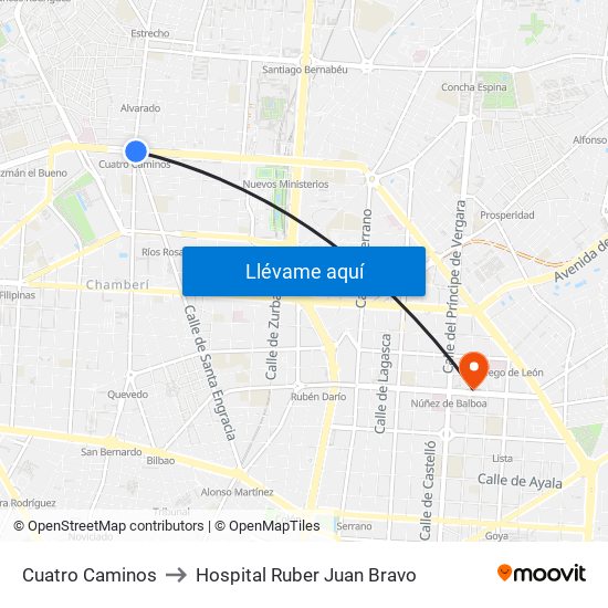 Cuatro Caminos to Hospital Ruber Juan Bravo map