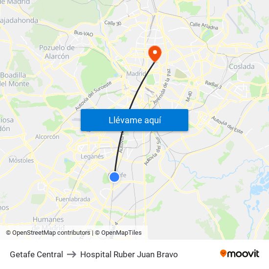 Getafe Central to Hospital Ruber Juan Bravo map
