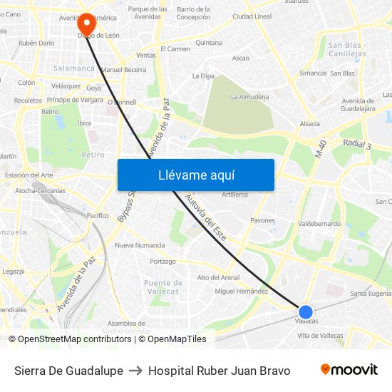 Sierra De Guadalupe to Hospital Ruber Juan Bravo map