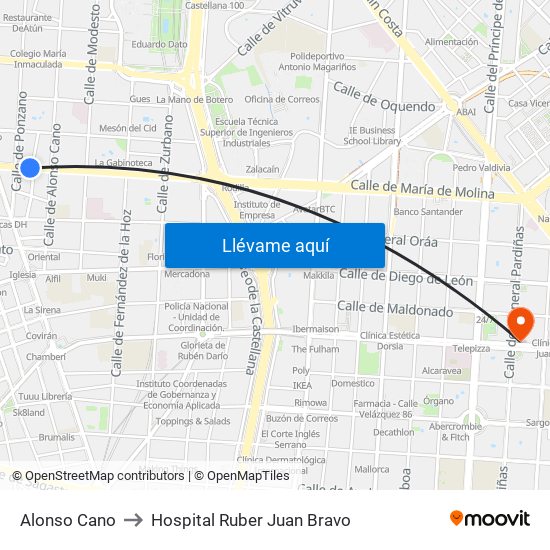 Alonso Cano to Hospital Ruber Juan Bravo map