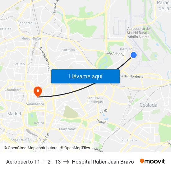 Aeropuerto T1 - T2 - T3 to Hospital Ruber Juan Bravo map