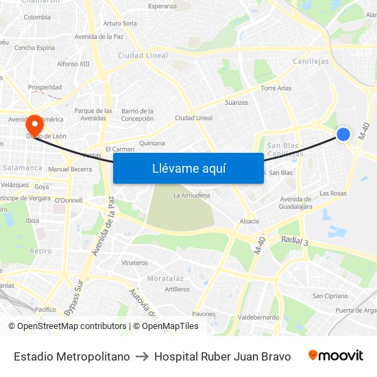 Estadio Metropolitano to Hospital Ruber Juan Bravo map