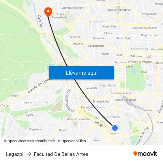 Legazpi to Facultad De Bellas Artes map