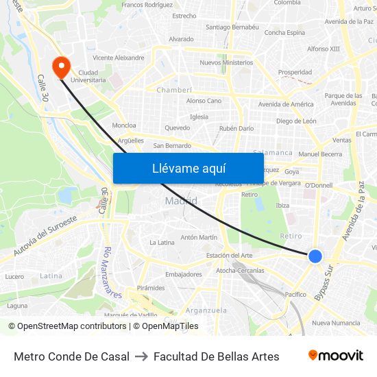 Metro Conde De Casal to Facultad De Bellas Artes map