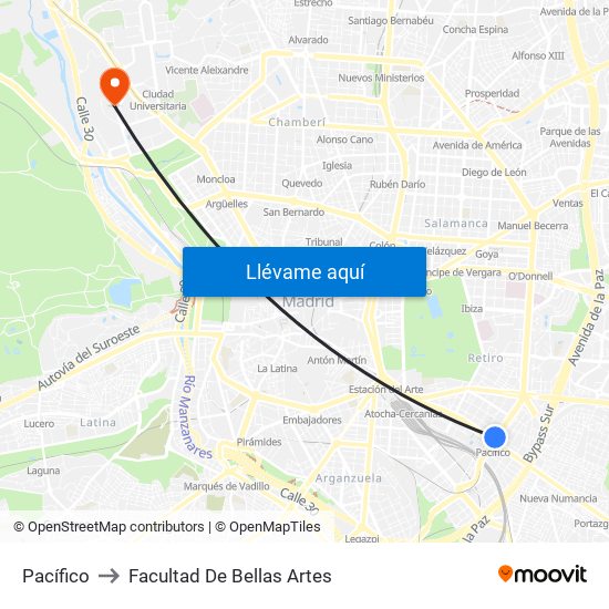 Pacífico to Facultad De Bellas Artes map