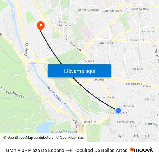 Gran Vía - Plaza De España to Facultad De Bellas Artes map