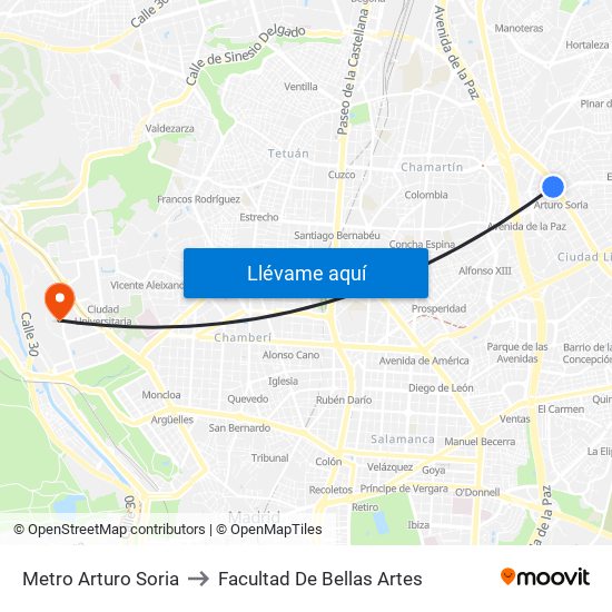 Metro Arturo Soria to Facultad De Bellas Artes map