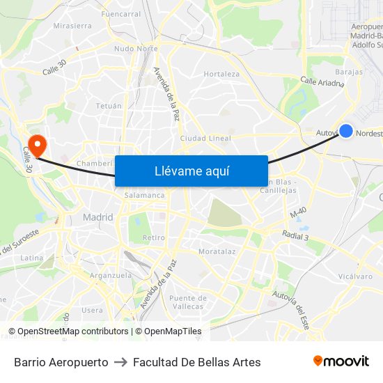 Barrio Aeropuerto to Facultad De Bellas Artes map