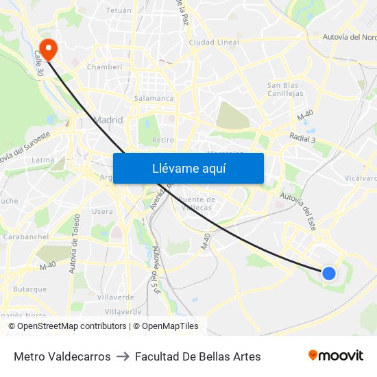 Metro Valdecarros to Facultad De Bellas Artes map
