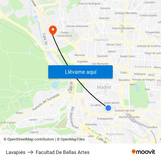 Lavapiés to Facultad De Bellas Artes map