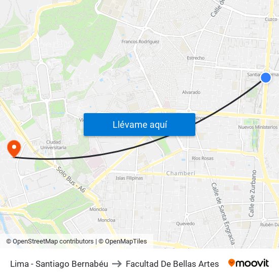 Lima - Santiago Bernabéu to Facultad De Bellas Artes map