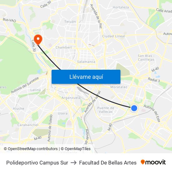 Polideportivo Campus Sur to Facultad De Bellas Artes map