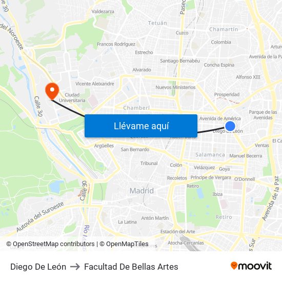 Diego De León to Facultad De Bellas Artes map