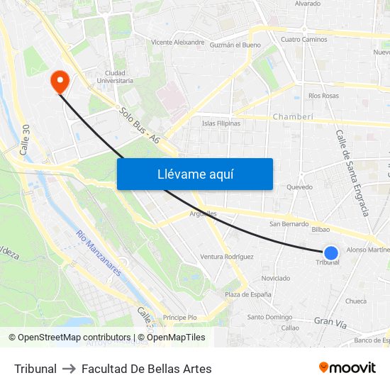Tribunal to Facultad De Bellas Artes map