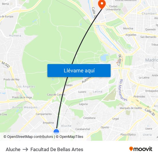 Aluche to Facultad De Bellas Artes map