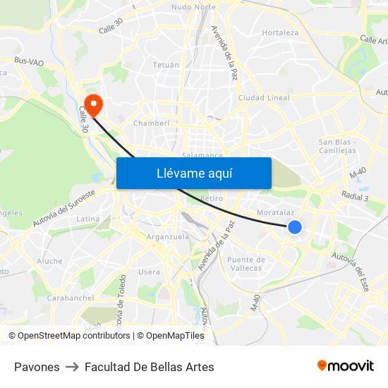 Pavones to Facultad De Bellas Artes map