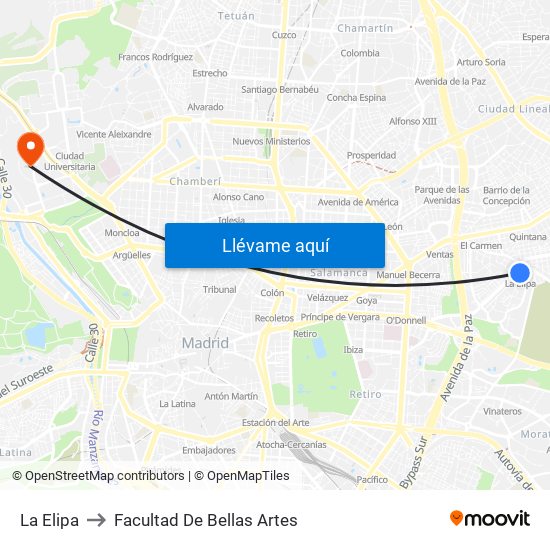 La Elipa to Facultad De Bellas Artes map