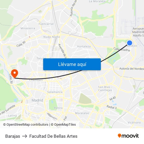 Barajas to Facultad De Bellas Artes map