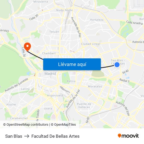 San Blas to Facultad De Bellas Artes map