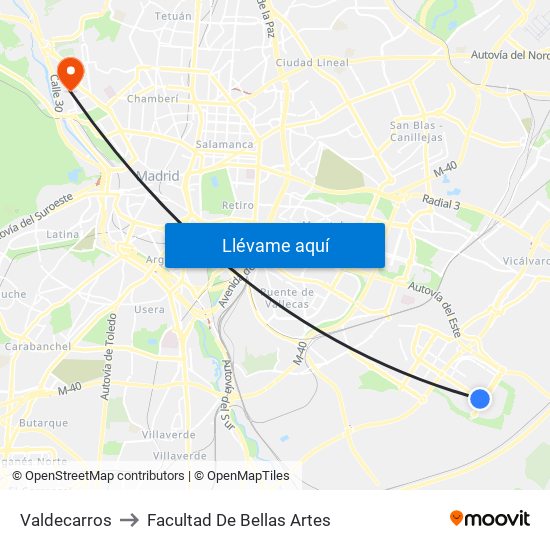 Valdecarros to Facultad De Bellas Artes map