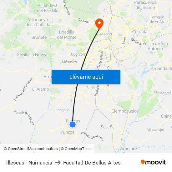 Illescas - Numancia to Facultad De Bellas Artes map