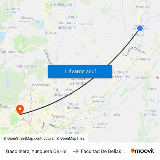 Gasolinera, Yunquera De Henares to Facultad De Bellas Artes map