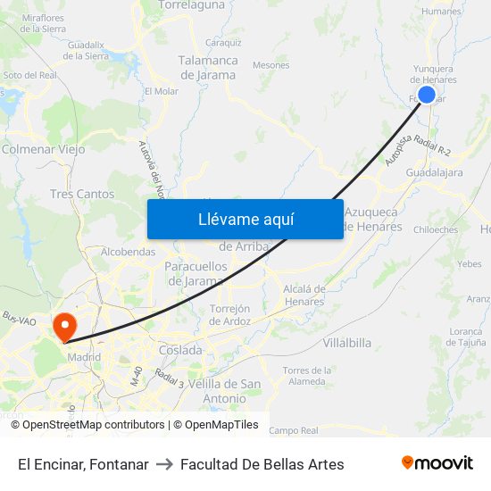 El Encinar, Fontanar to Facultad De Bellas Artes map