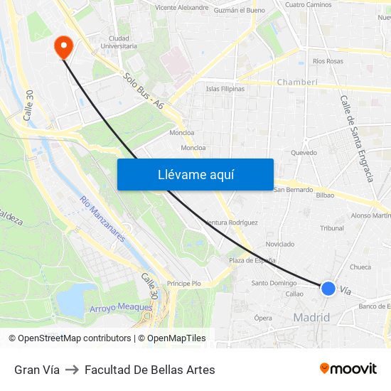 Gran Vía to Facultad De Bellas Artes map