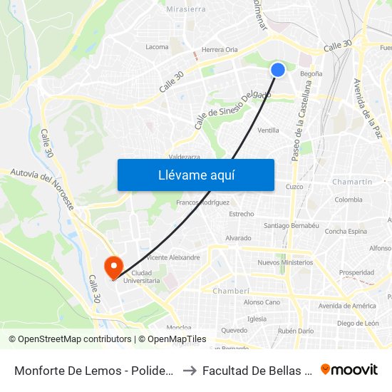 Monforte De Lemos - Polideportivo to Facultad De Bellas Artes map