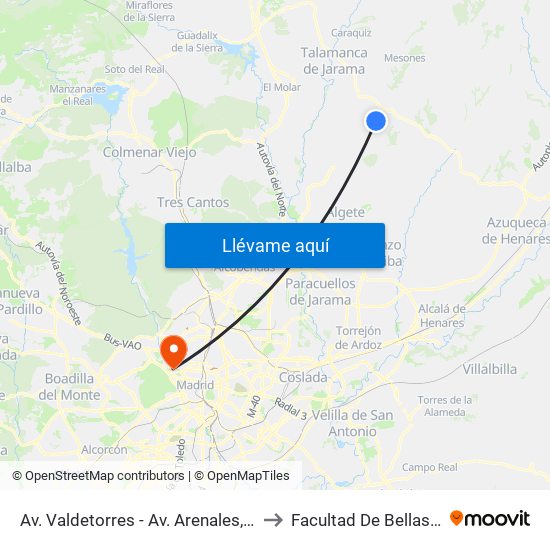 Av. Valdetorres - Av. Arenales, El Casar to Facultad De Bellas Artes map