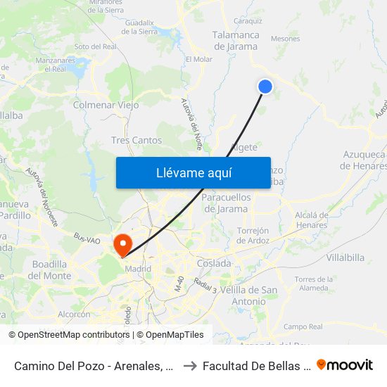 Camino Del Pozo - Arenales, El Casar to Facultad De Bellas Artes map