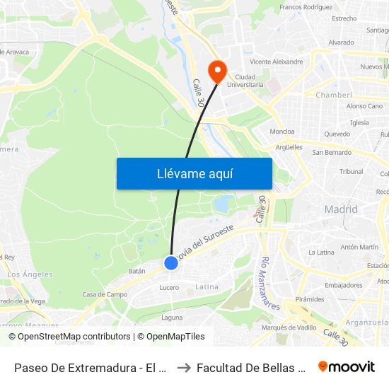 Paseo De Extremadura - El Greco to Facultad De Bellas Artes map