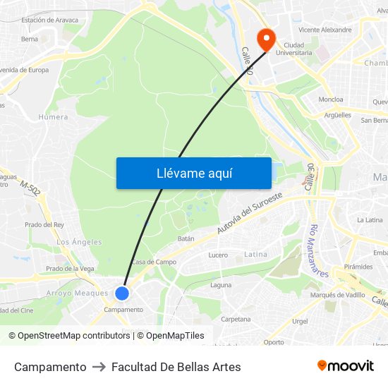 Campamento to Facultad De Bellas Artes map