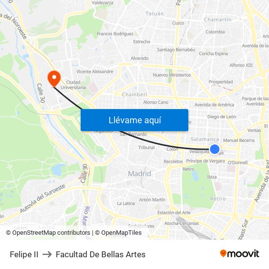 Felipe II to Facultad De Bellas Artes map