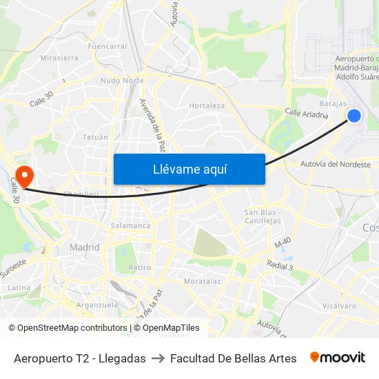 Aeropuerto T2 - Llegadas to Facultad De Bellas Artes map