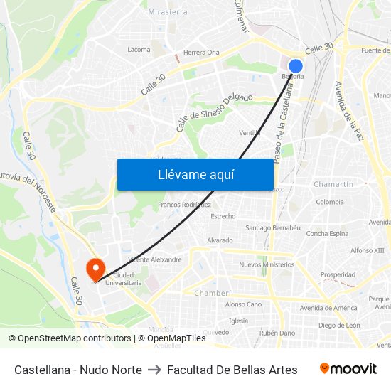 Castellana - Nudo Norte to Facultad De Bellas Artes map