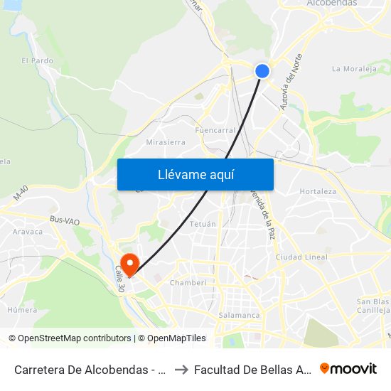 Carretera De Alcobendas - M40 to Facultad De Bellas Artes map