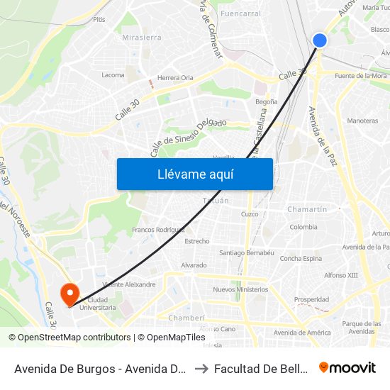 Avenida De Burgos - Avenida De Manoteras to Facultad De Bellas Artes map