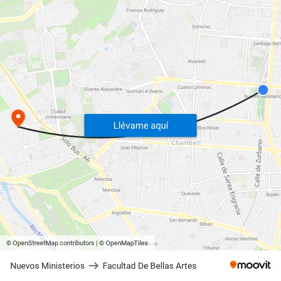 Nuevos Ministerios to Facultad De Bellas Artes map