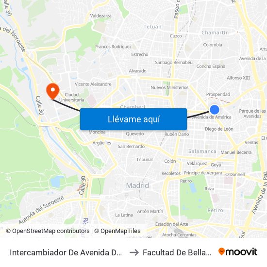 Intercambiador De Avenida De América to Facultad De Bellas Artes map