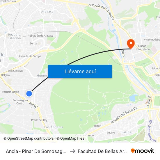 Ancla - Pinar De Somosaguas to Facultad De Bellas Artes map