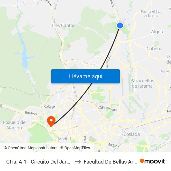 Ctra. A-1 - Circuito Del Jarama to Facultad De Bellas Artes map