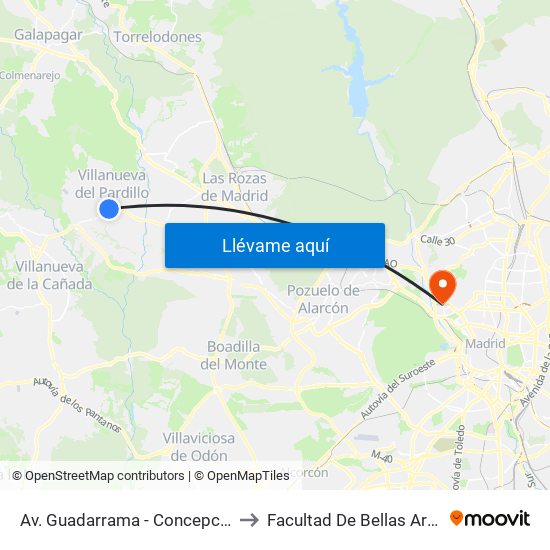 Av. Guadarrama - Concepción to Facultad De Bellas Artes map